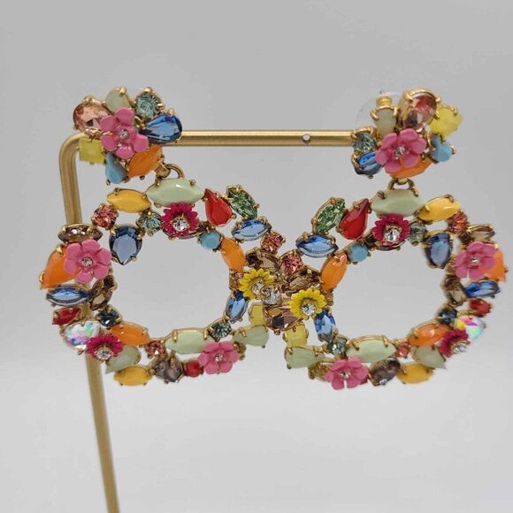 NWOT J Crew Multi Color Crystal Floral Wreath Stud Earrings - Picture 2 of 8